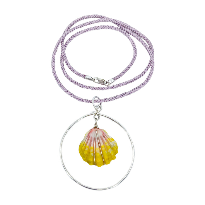 Halo Sunrise Shell O'ahu Kumihimo Braided Lavender Silk Necklace-Sterling Silver