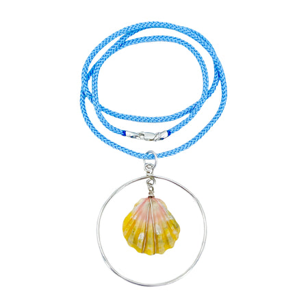 Halo Sunrise Shell O'ahu Kumihimo Braided Blue Silk Necklace-Sterling Silver