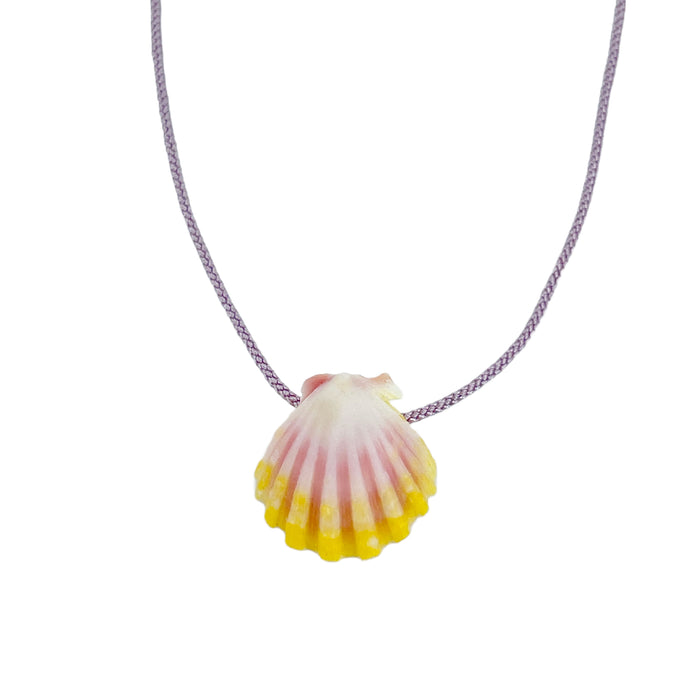 Adjustable O'ahu Sunrise Shell Kahelelani Puka Kumihimo Braided Purple Silk Necklace-Yellow Gold