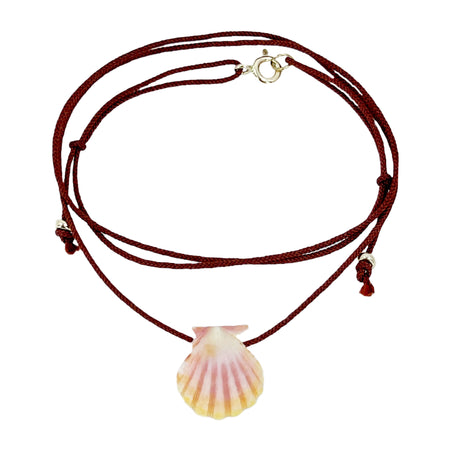 Adjustable O'ahu Sunrise Shell Kahelelani Puka Kumihimo Braided Brick Red Silk Necklace-Yellow Gold