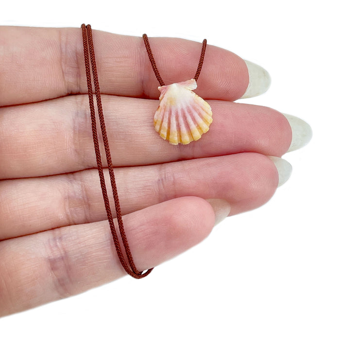 Adjustable O'ahu Sunrise Shell Kahelelani Puka Kumihimo Braided Brick Red Silk Necklace-Yellow Gold