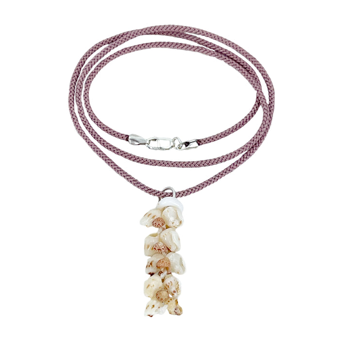 Heliconia Kahelelani Momi Puka Shell O'ahu Kauai Ni'ihau Kumihimo Braided Purple Silk Pendant Necklace-Sterling Silver