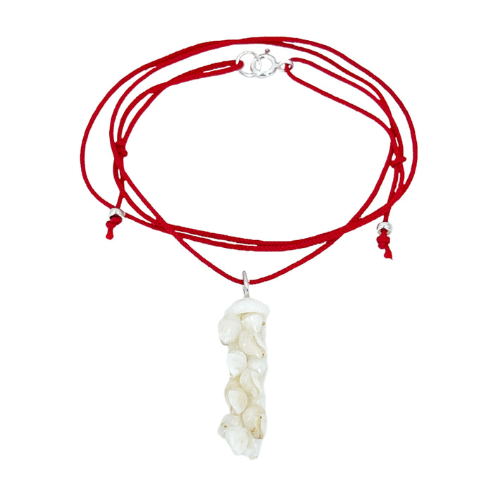 Adjustable Pikake Momi Puka Shell O'ahu Kauai Ni'ihau Kumihimo Braided Red Silk Pendant Necklace-Sterling Silver