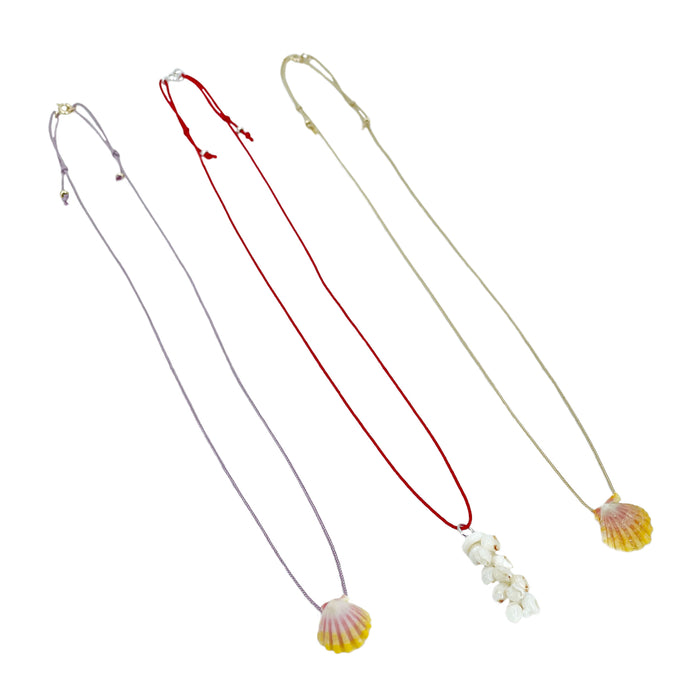 Adjustable O'ahu Sunrise Shell Kahelelani Puka Kumihimo Braided Brick Red Silk Necklace-Yellow Gold